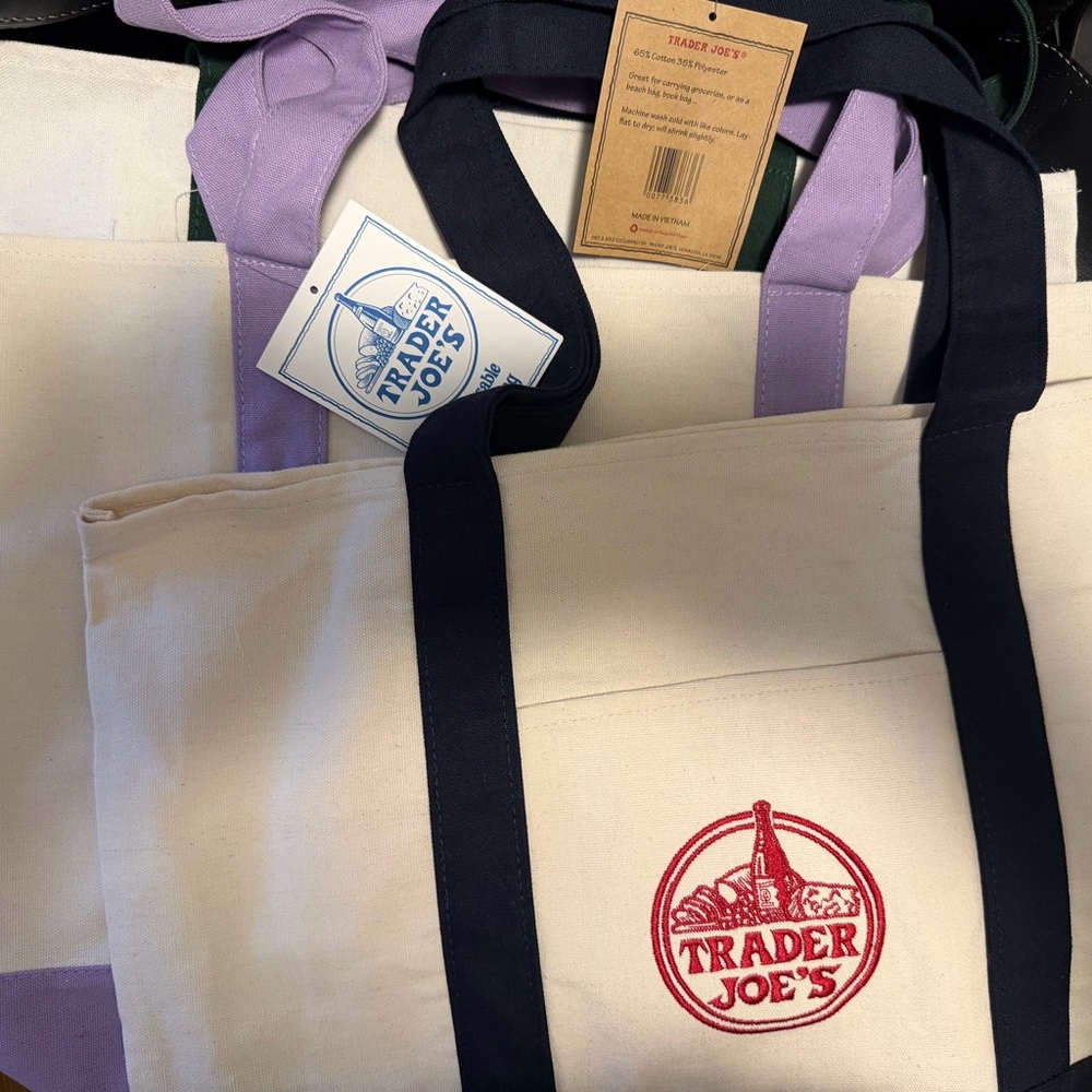Bundle of 3 large Trader Joe's Canvas Tote Bags in navy blue, lavender and green